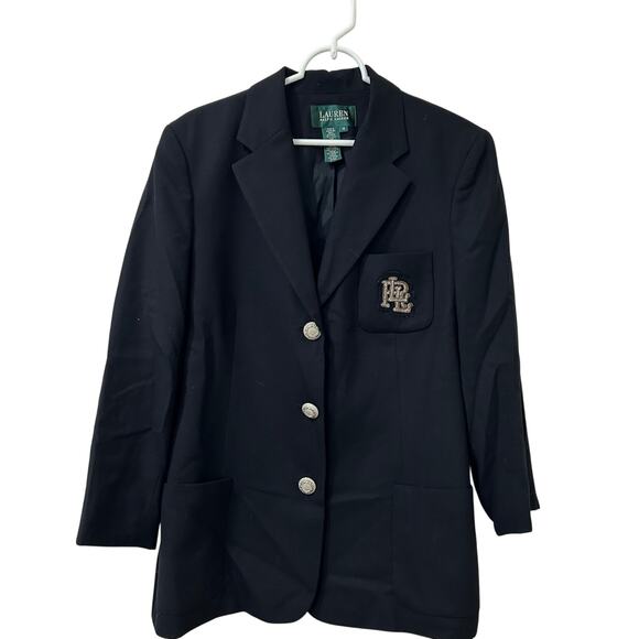 Lauren Ralph Lauren Womens Sz 14 Black Wool Initials Crest Logo Blazer Jacket - Picture 1 of 4